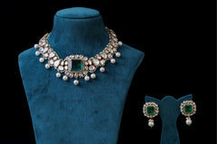 Emerald Polki Pearl Drop Necklace Set
