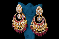 Ruby Kundan Chandbali Earrings with Pearl Drops