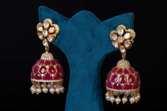 Ruby Dome Jhumka Earrings with Pearl Drops