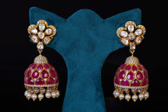 Ruby Dome Jhumka Earrings with Pearl Drops