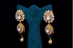 Polki Diamond Drop Earrings with Sapphire Enamel