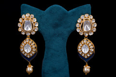 Polki Diamond Drop Earrings with Sapphire Enamel