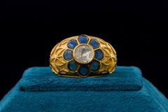 Blue Floral Kundan Silver Ring