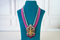 Temple Kundan Long Necklace with Multistrand Beads