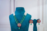 Green Beaded Pendant Necklace Set with Pink Kundan Accents