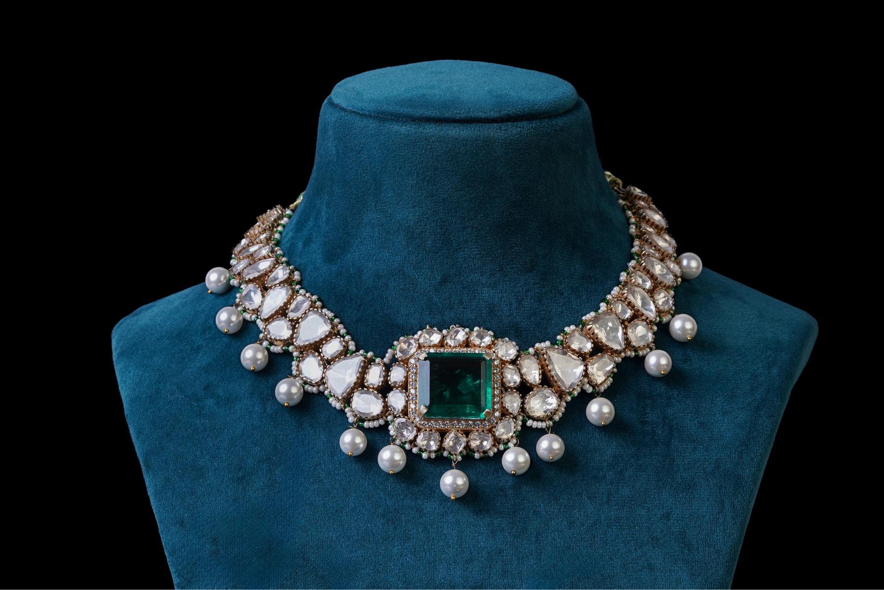 Emerald Polki Pearl Drop Necklace Set
