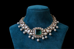 Emerald Polki Pearl Drop Necklace Set