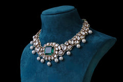Emerald Polki Pearl Drop Necklace Set