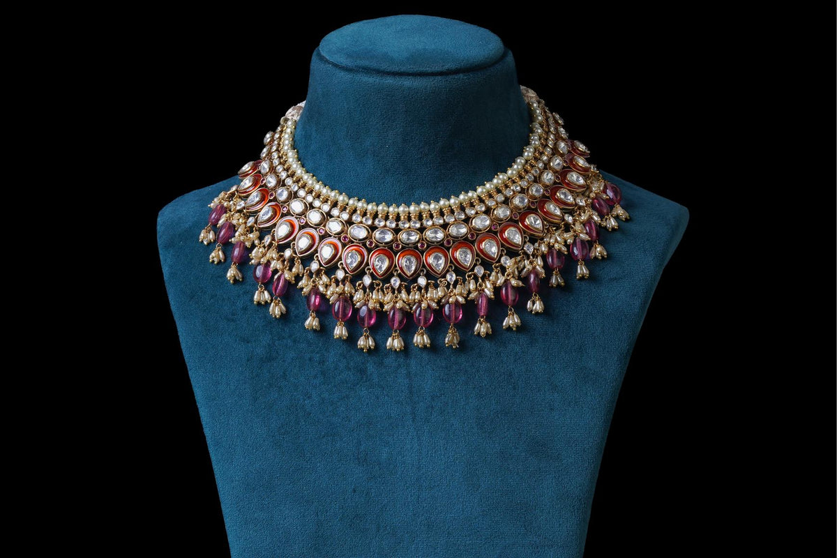 Ruby Kundan Pearl Fringe Choker
