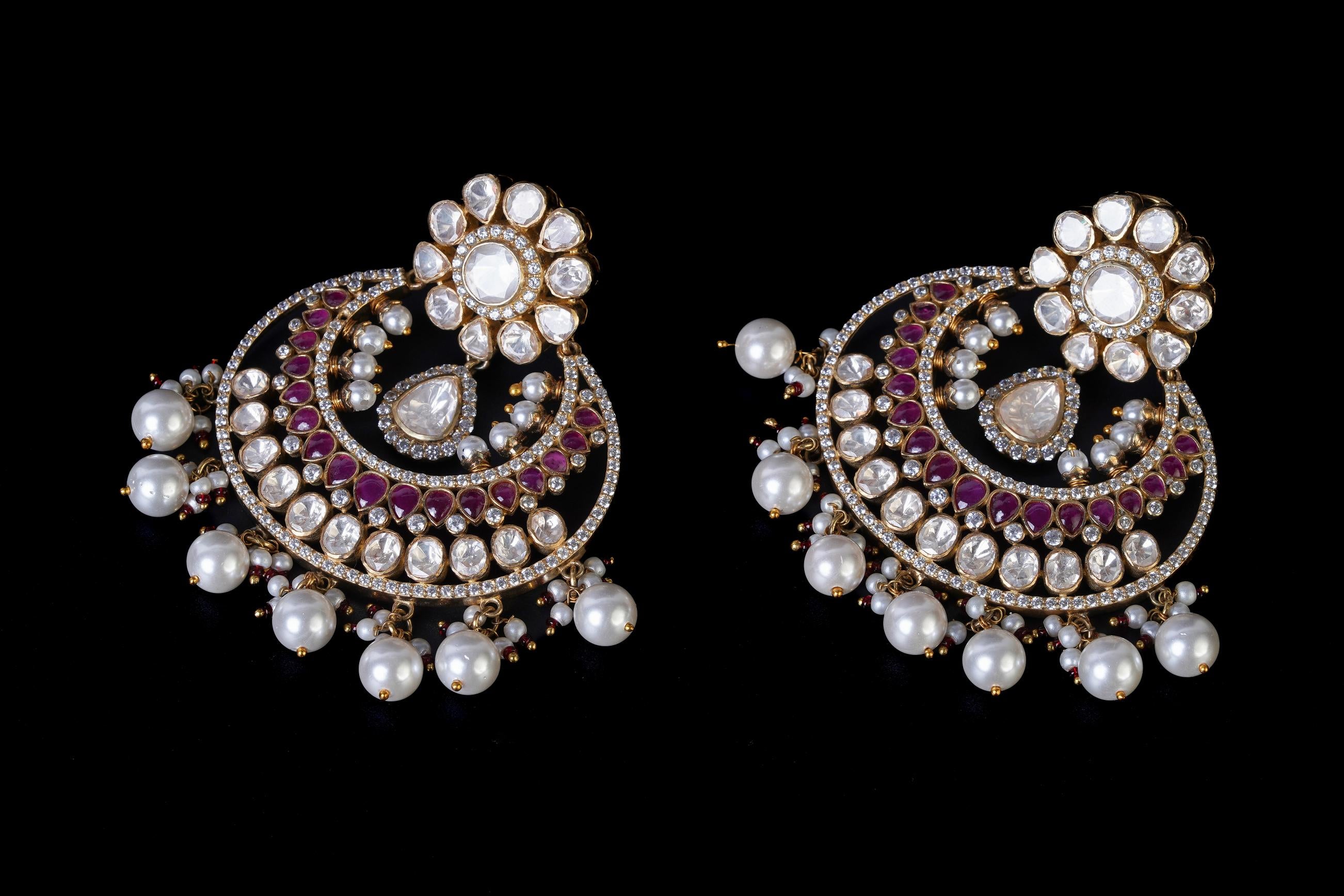 Ruby Kundan Pearl Chandbali Earrings