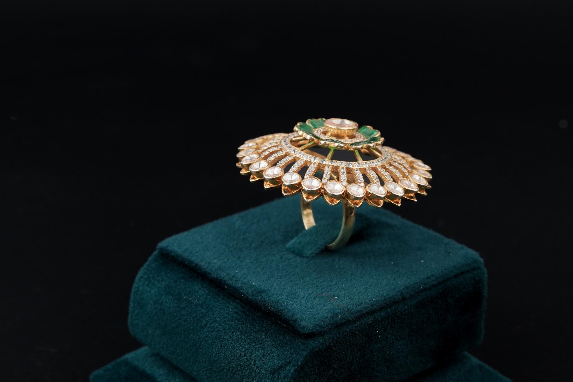 Emerald Enamel Kundan Statement Ring