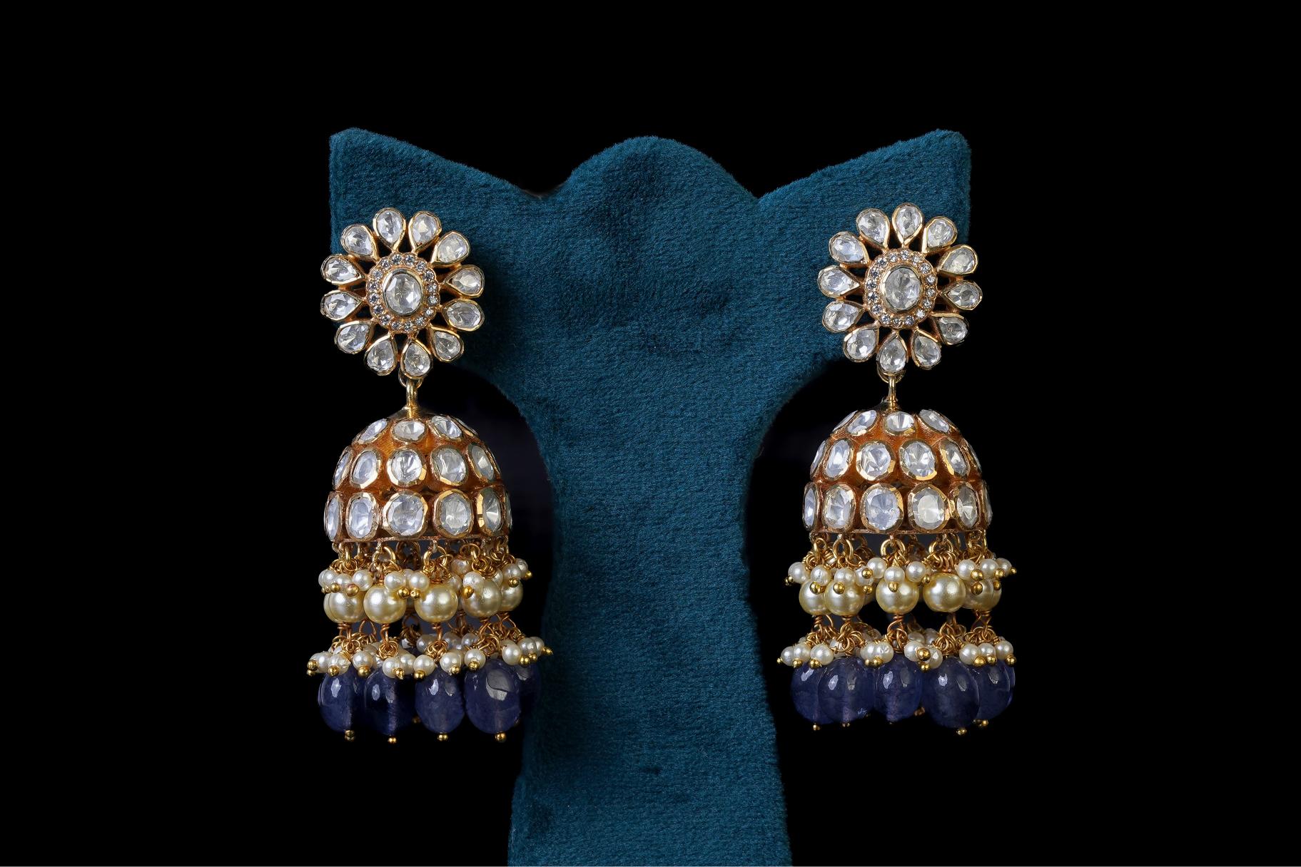 Polki Jhumka Set With Blue Hanging