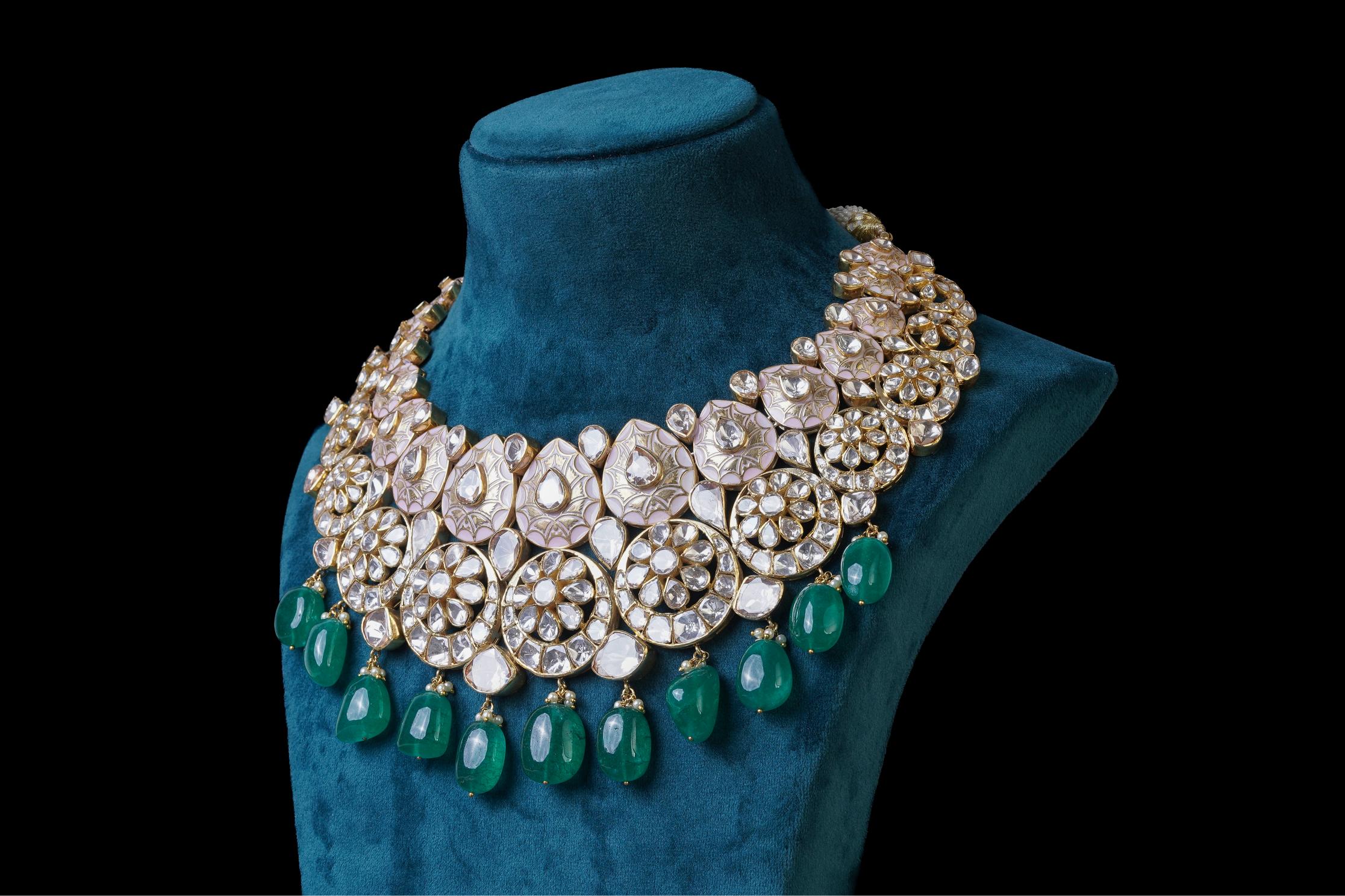 Polki Diamond & Emerald Bridal Necklace Set