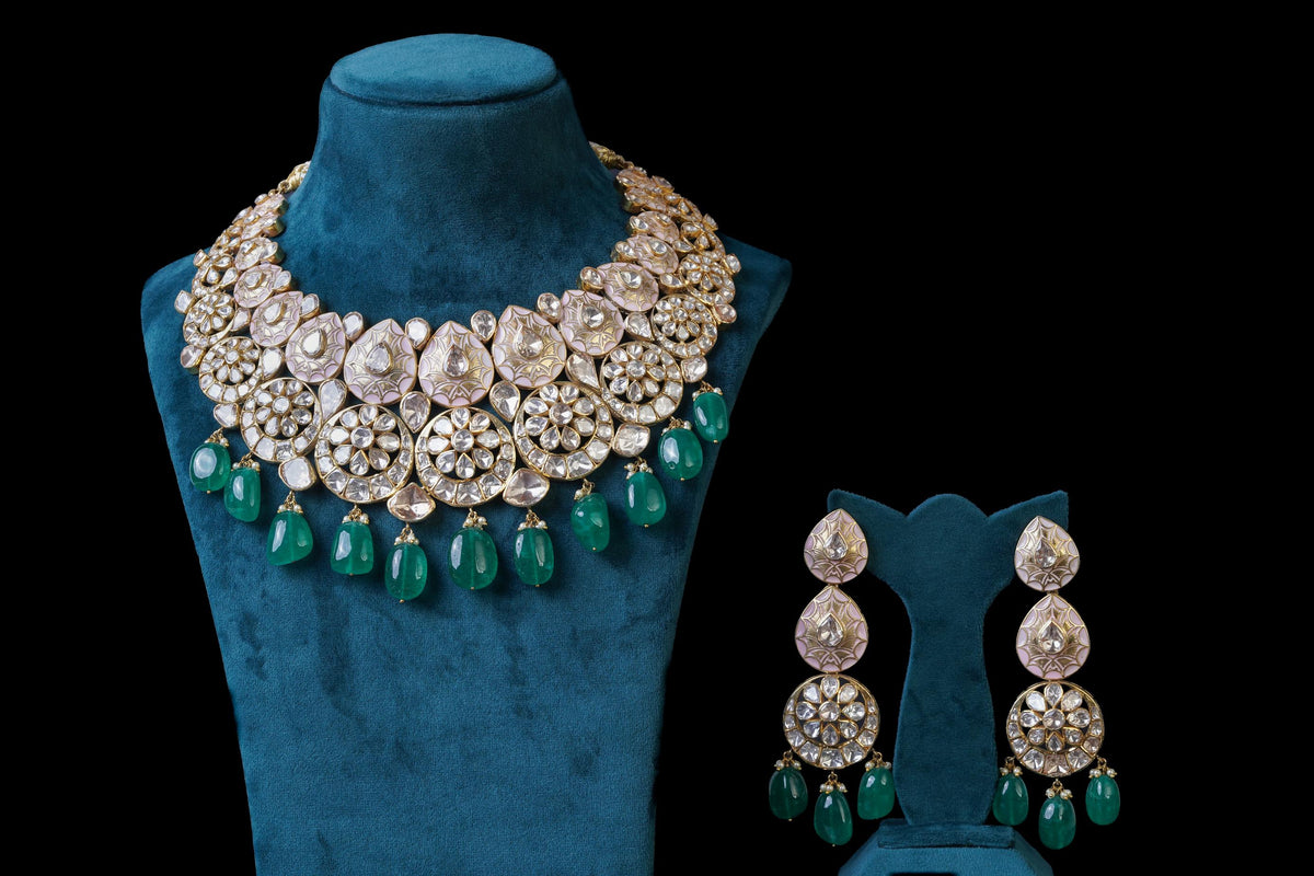 Polki Diamond & Emerald Bridal Necklace Set