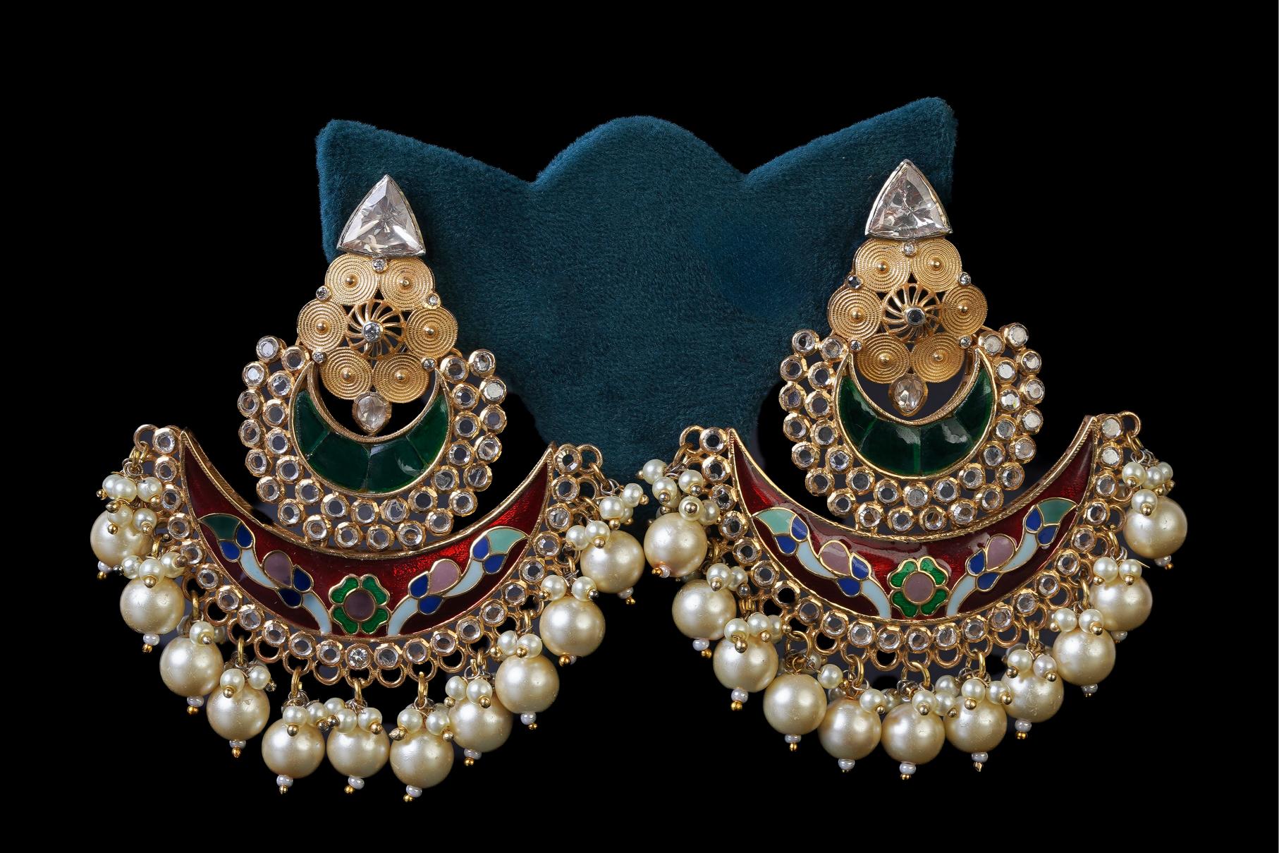 Meenakari Kundan Pearl Chandbali Earrings