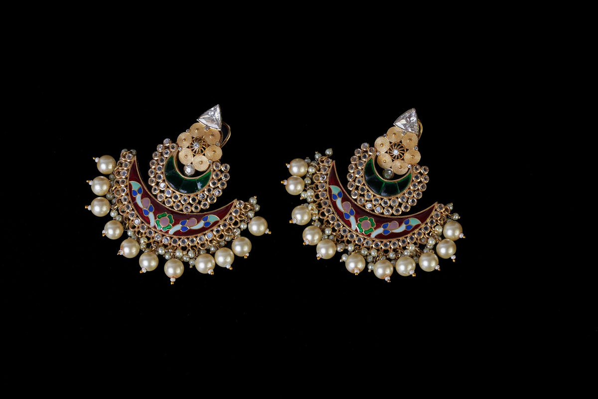 Meenakari Kundan Pearl Chandbali Earrings