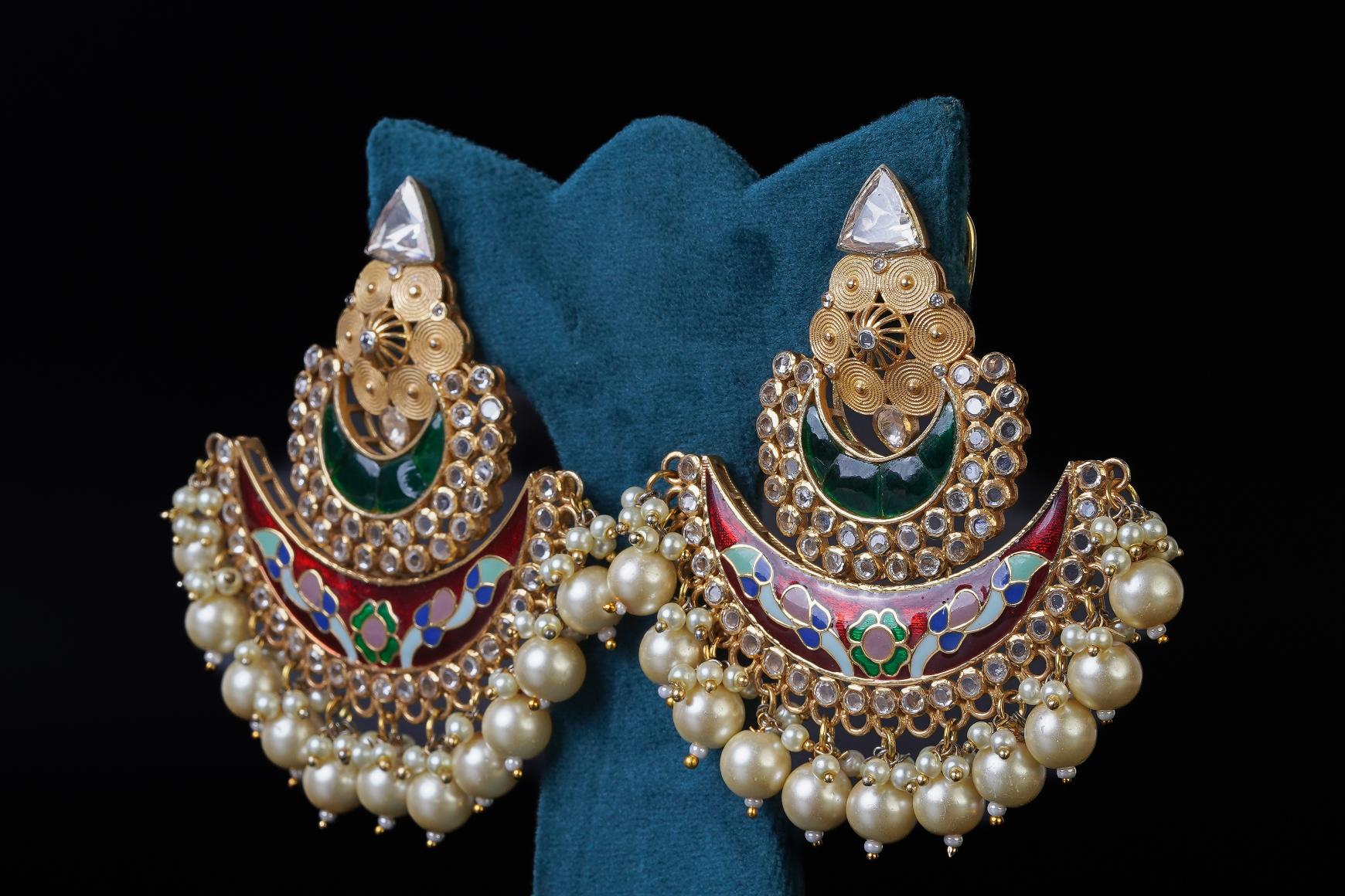 Meenakari Kundan Pearl Chandbali Earrings