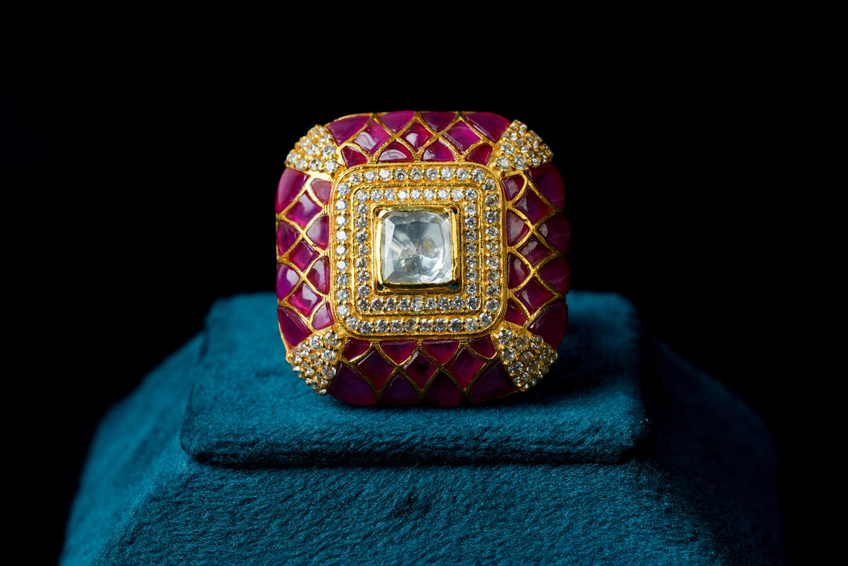 Ruby Enamel Kundan Square Statement Ring