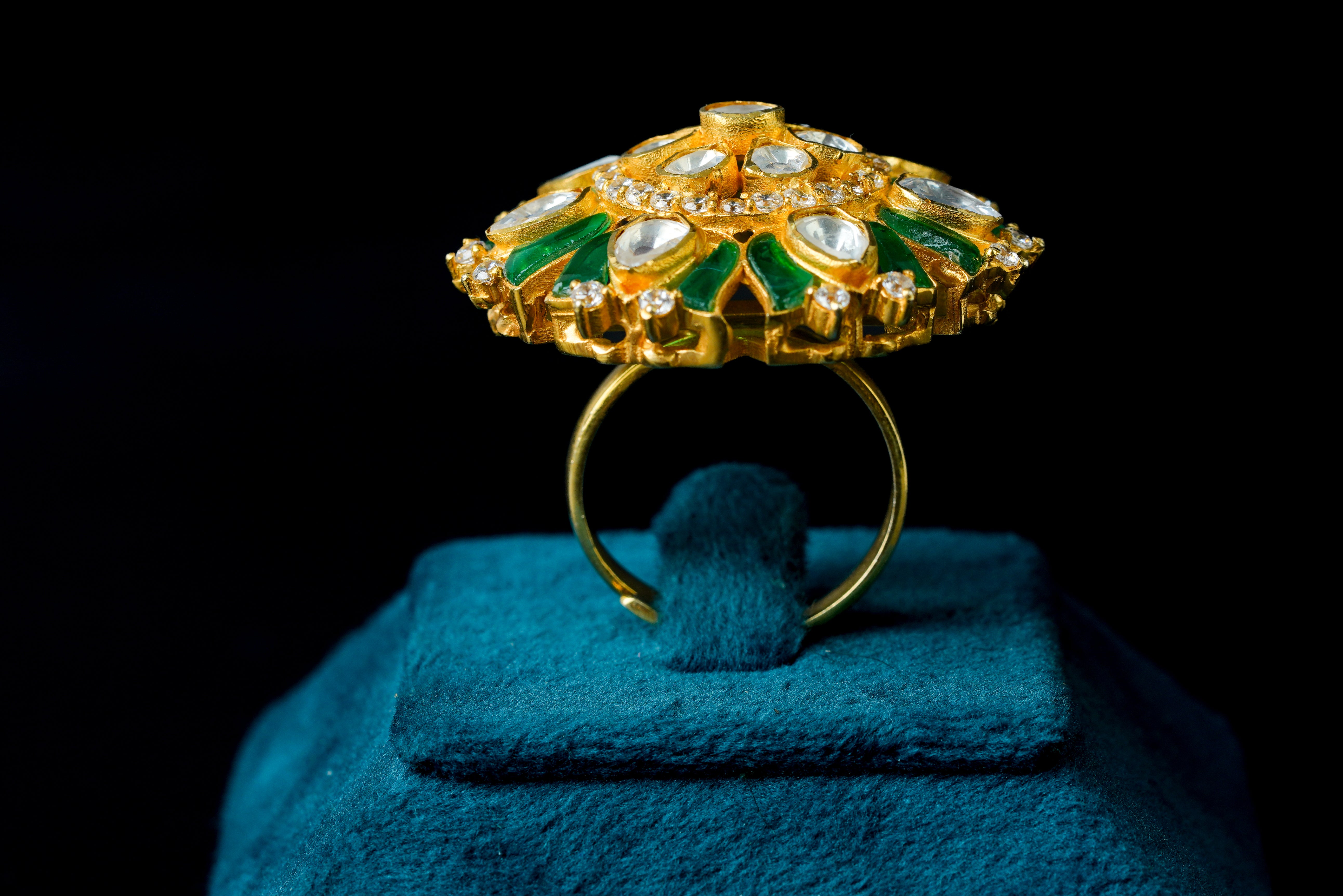 Emerald Petal Kundan Statement Ring