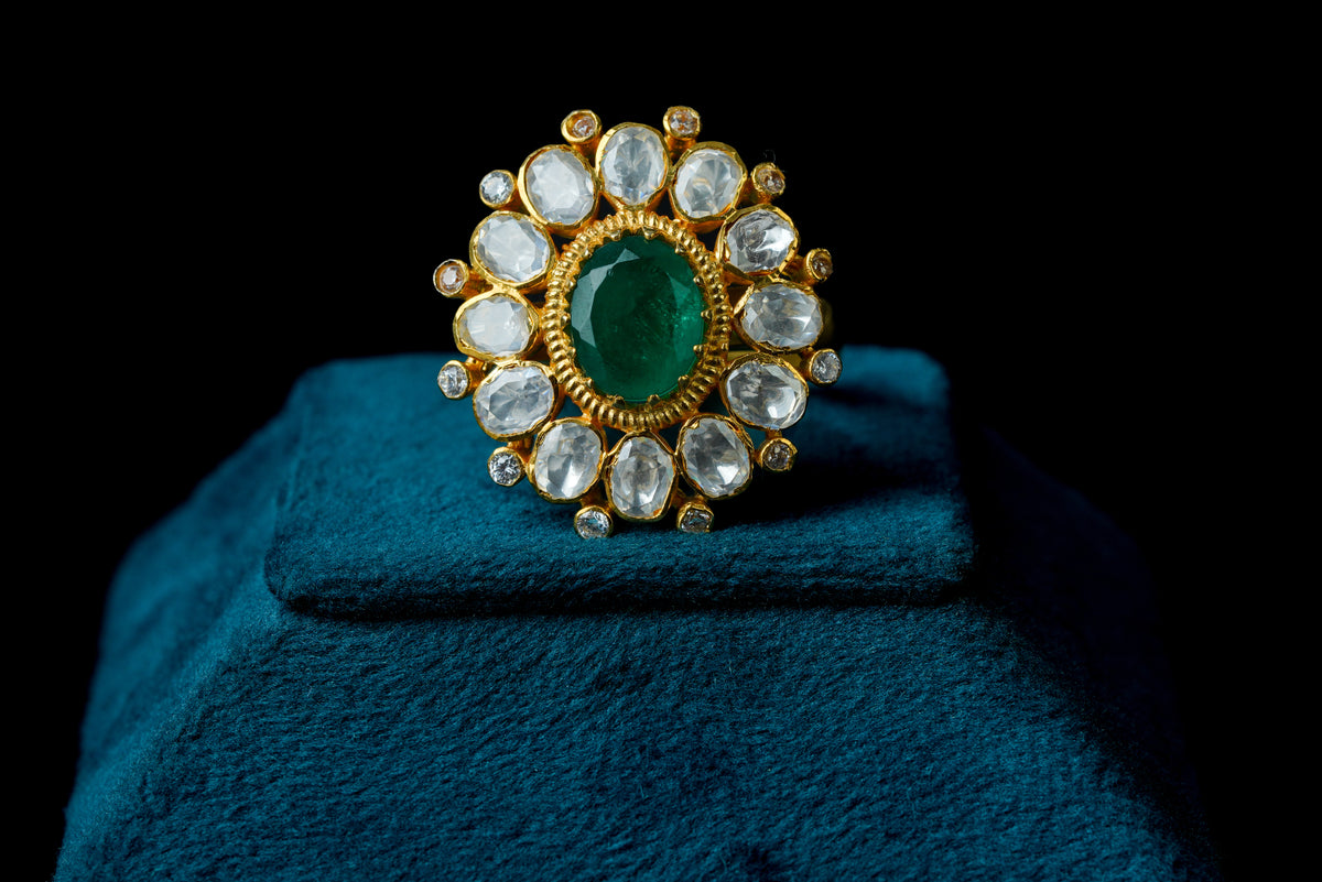Radiant Emerald Stone with Moissanite Polki Ring