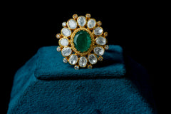 Radiant Emerald Stone with Moissanite Polki Ring