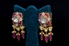 Elegant Pink Polki Silver Earrings
