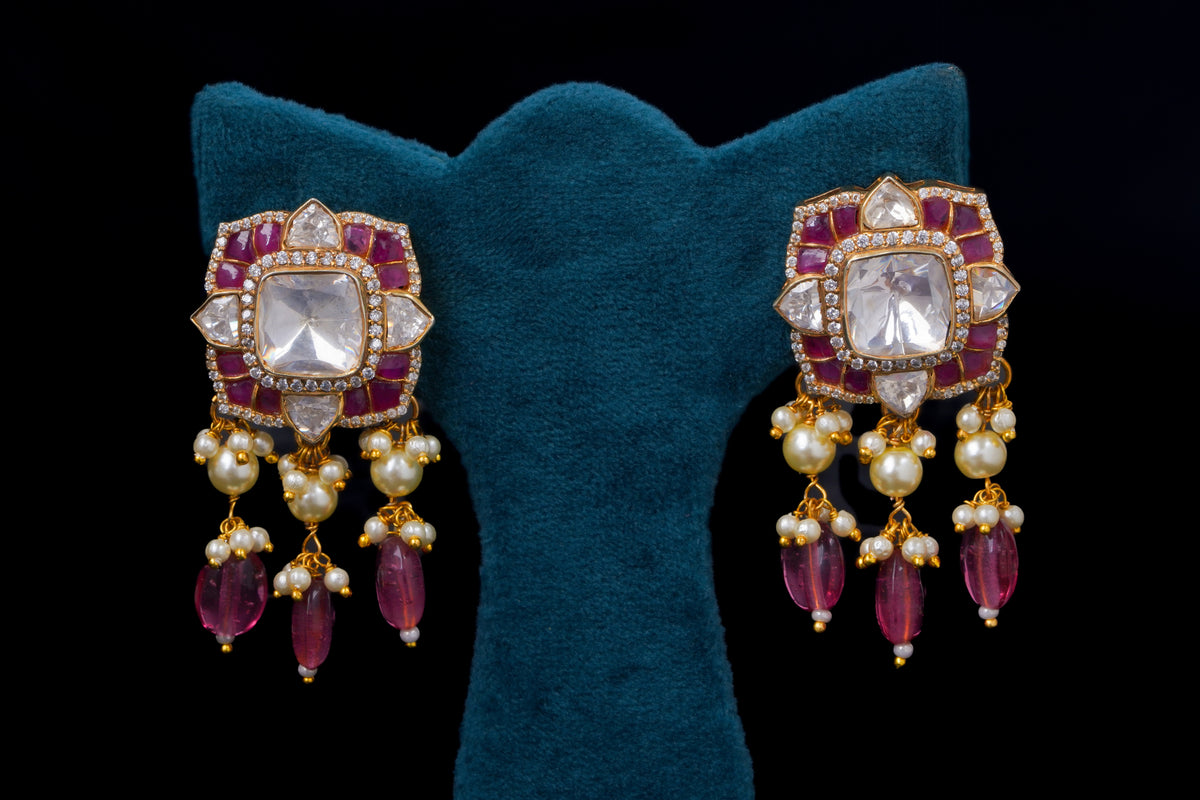 Elegant Pink Polki Silver Earrings