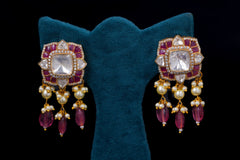 Elegant Pink Polki Silver Earrings