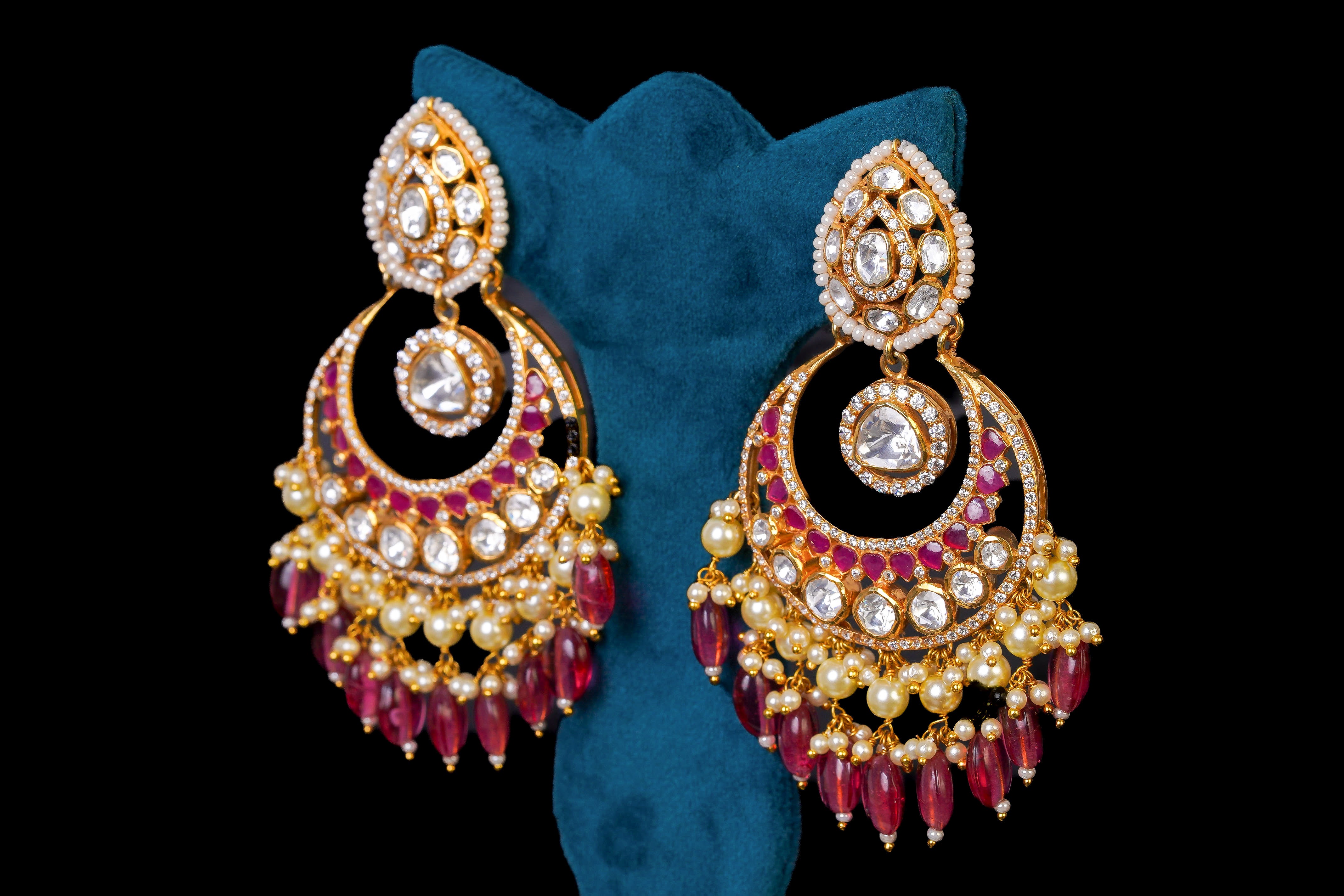 Ruby Kundan Chandbali Earrings with Pearl Drops