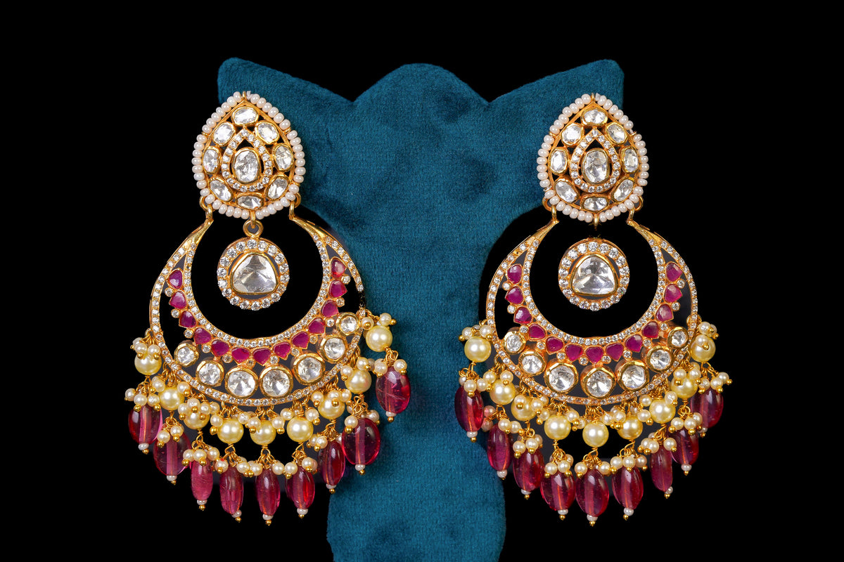 Ruby Kundan Chandbali Earrings with Pearl Drops