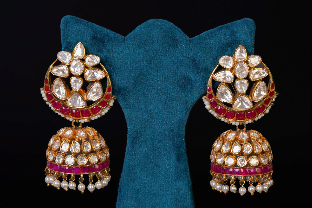 Kundan Ruby Chand Jhumka Earrings