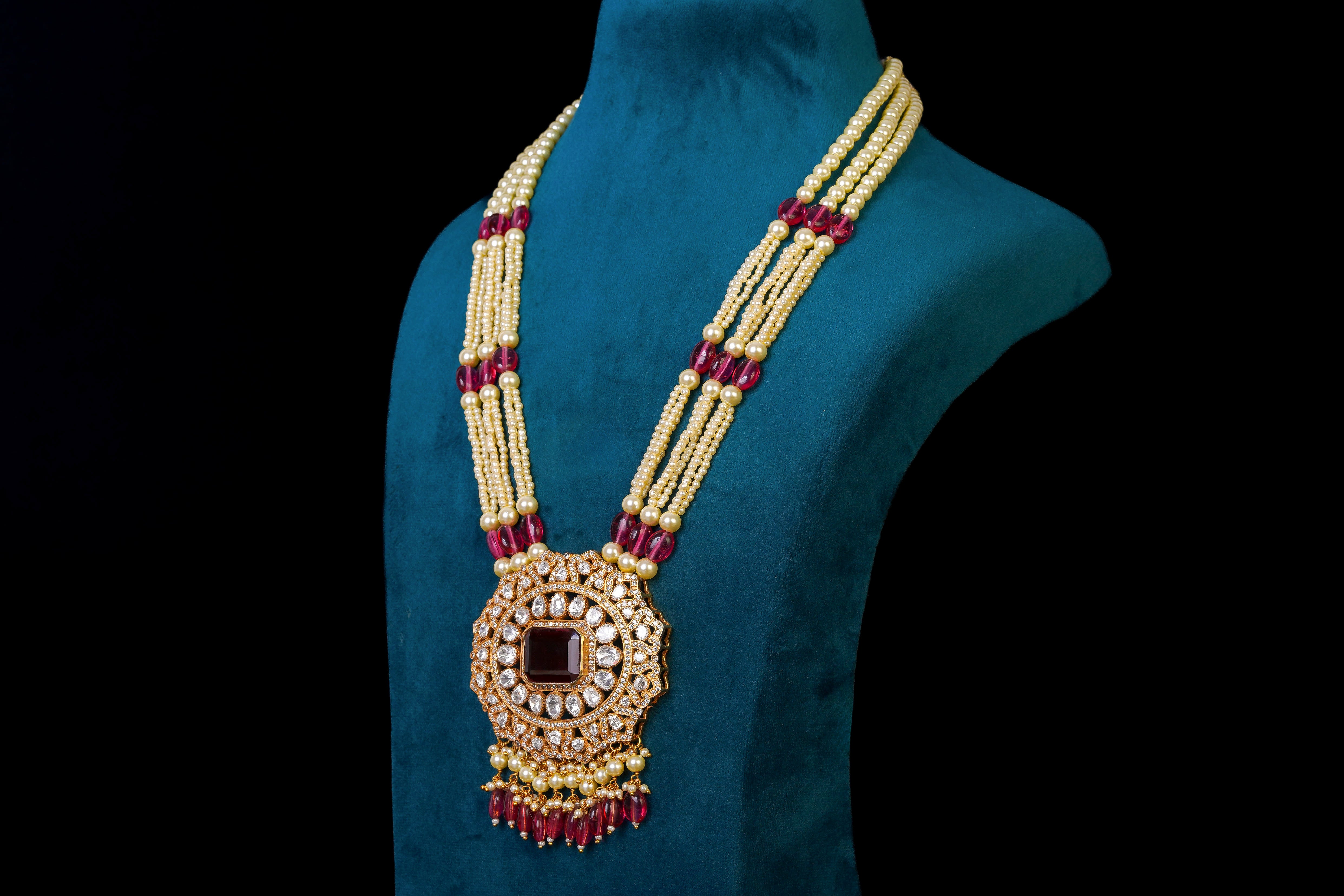 Pearl & Ruby Kundan Pendant Necklace Set