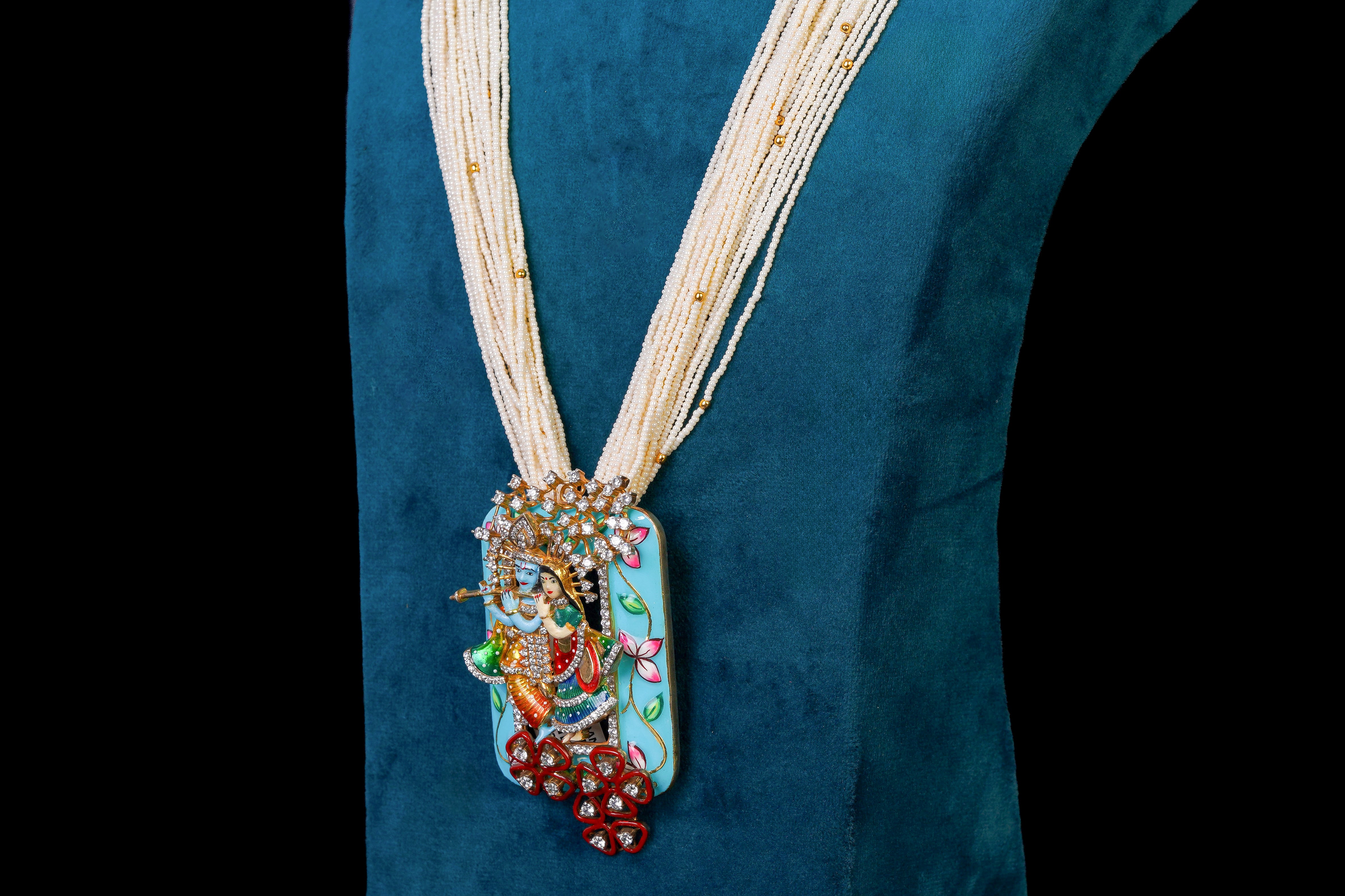 Divine Blue Radha Krishna Silver Pendant