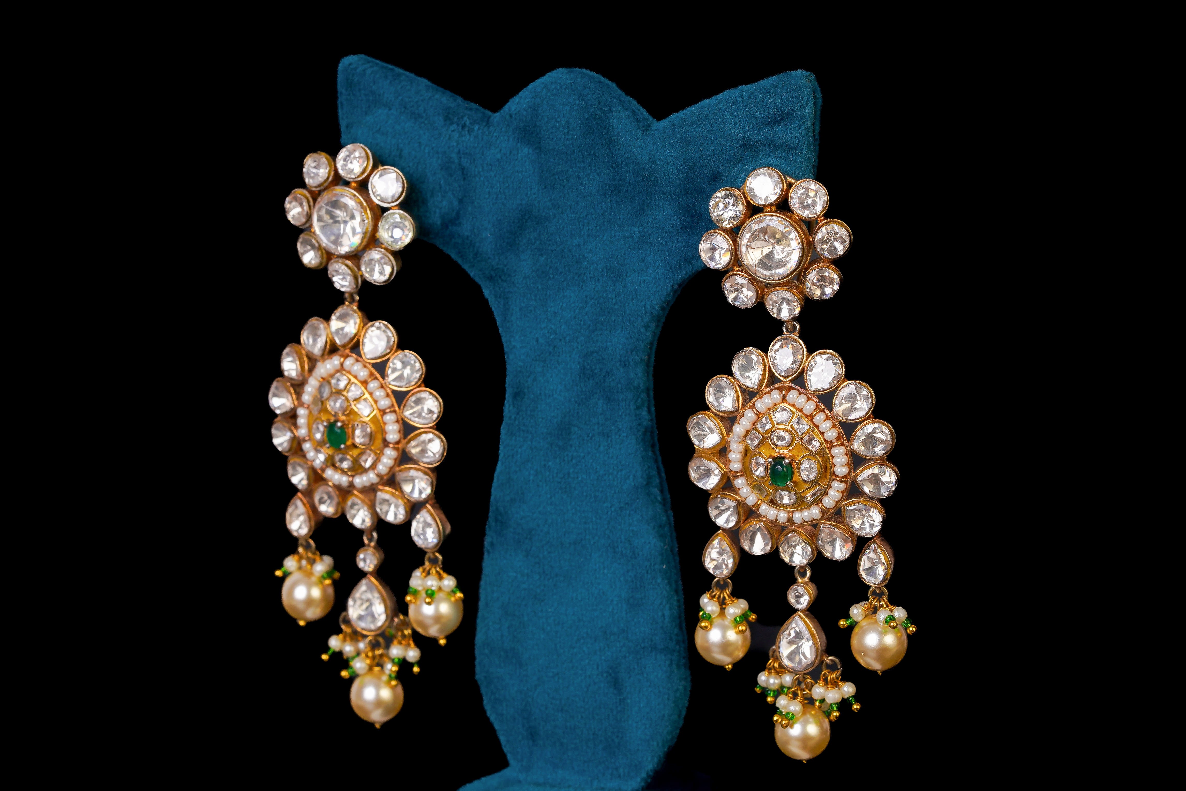 Emerald Pearl Kundan Chandelier Earrings