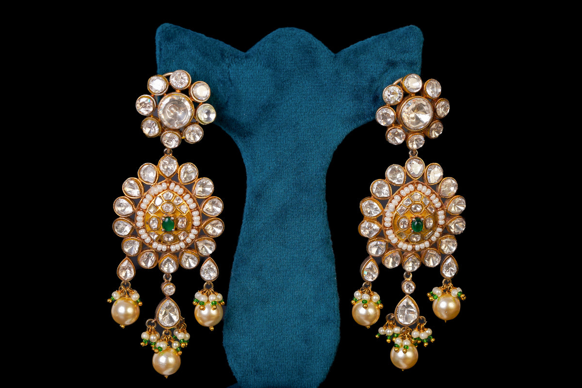 Emerald Pearl Kundan Chandelier Earrings