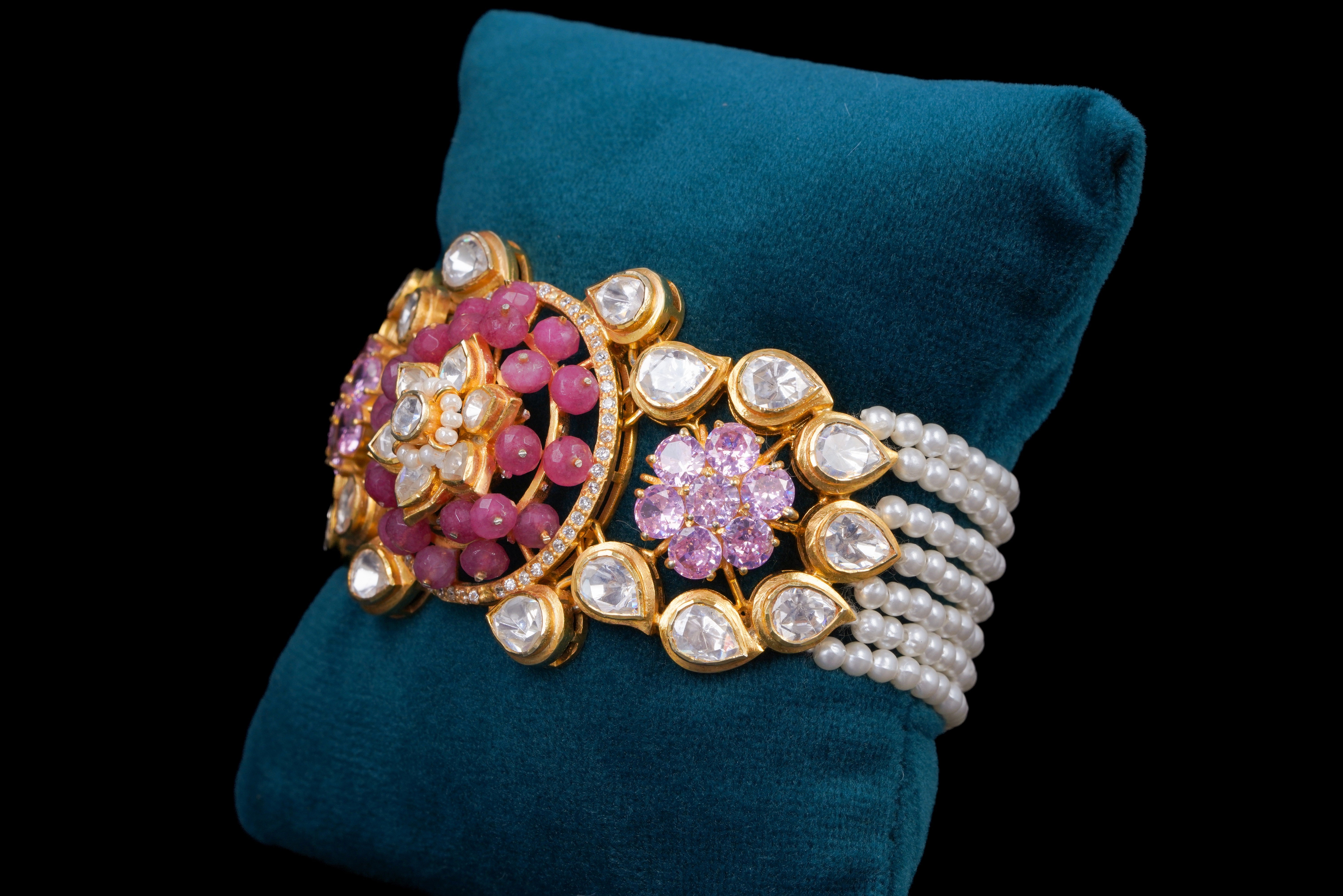 Ruby Floral Polki Statement Bracelet