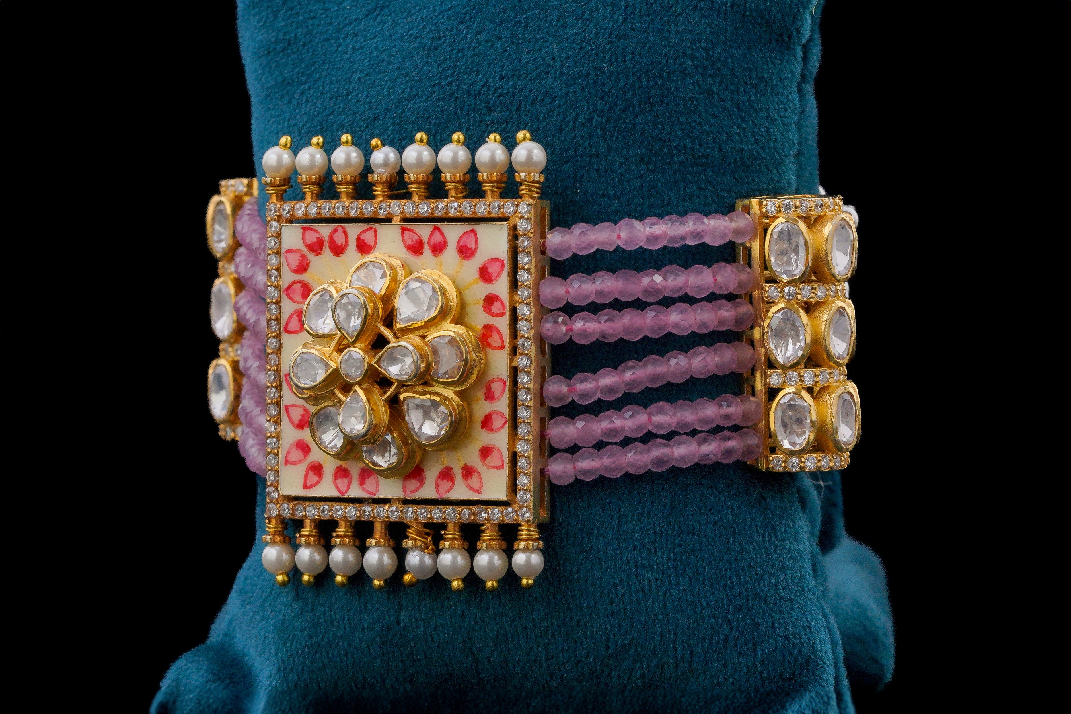 Polki Diamond Floral Pink Beaded Bracelet