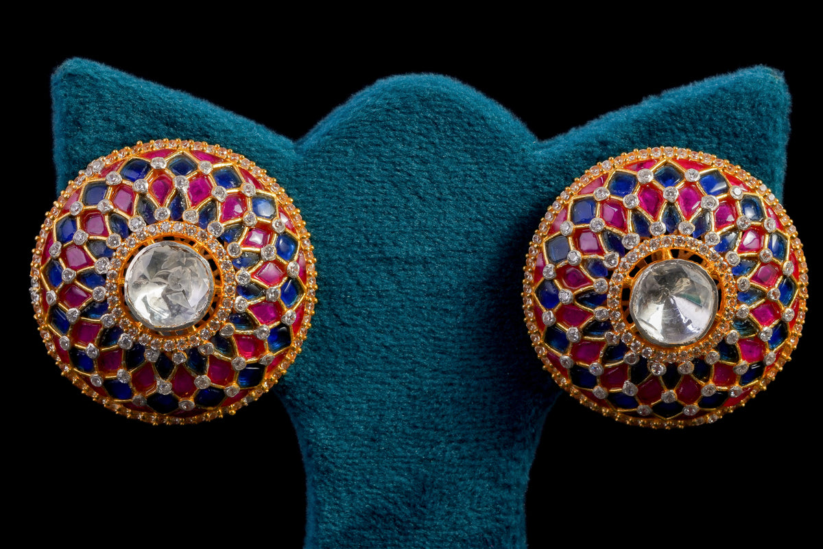 Ruby & Sapphire Enamel Polki Stud Earrings