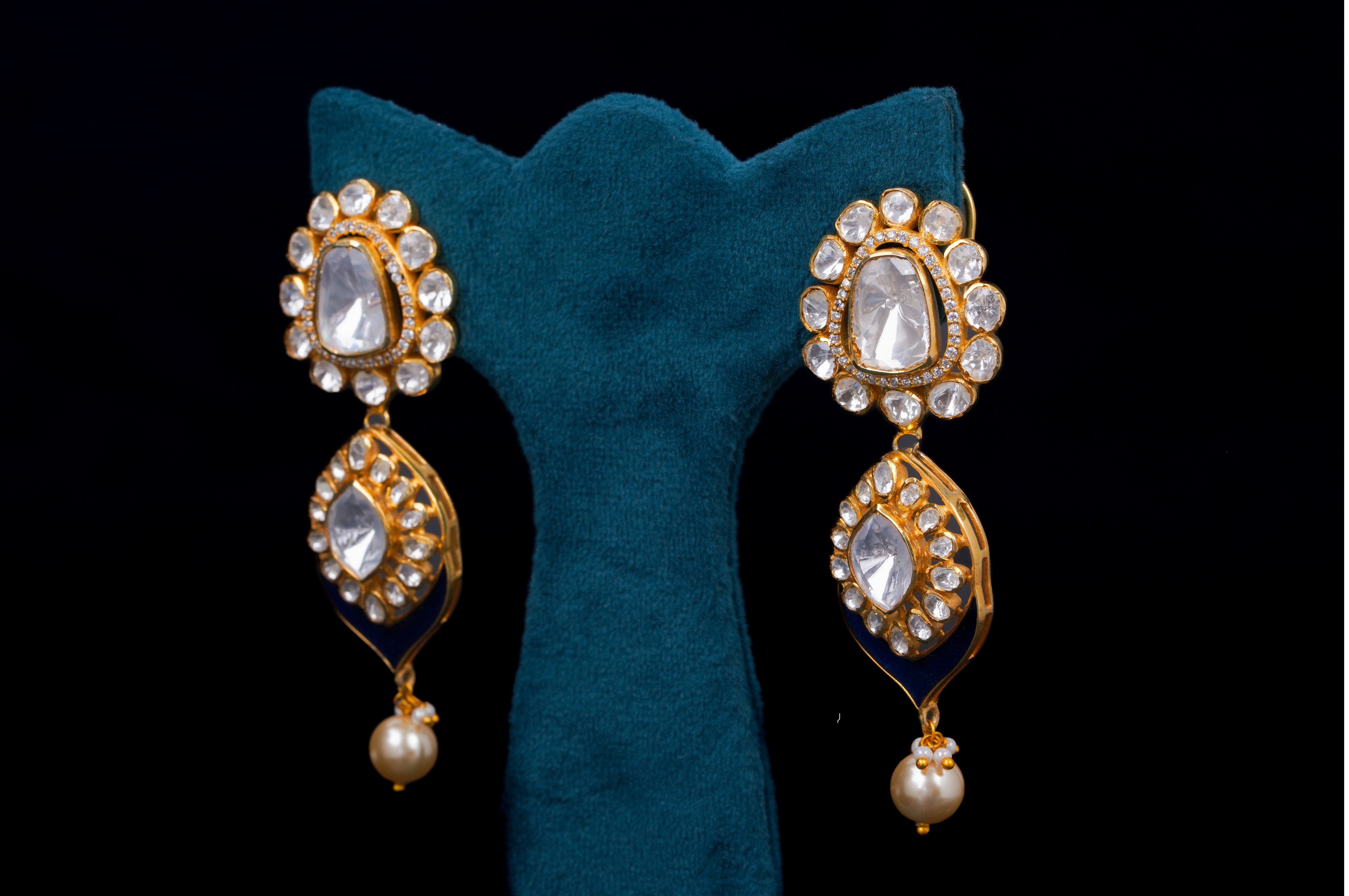 Polki Diamond Drop Earrings with Sapphire Enamel