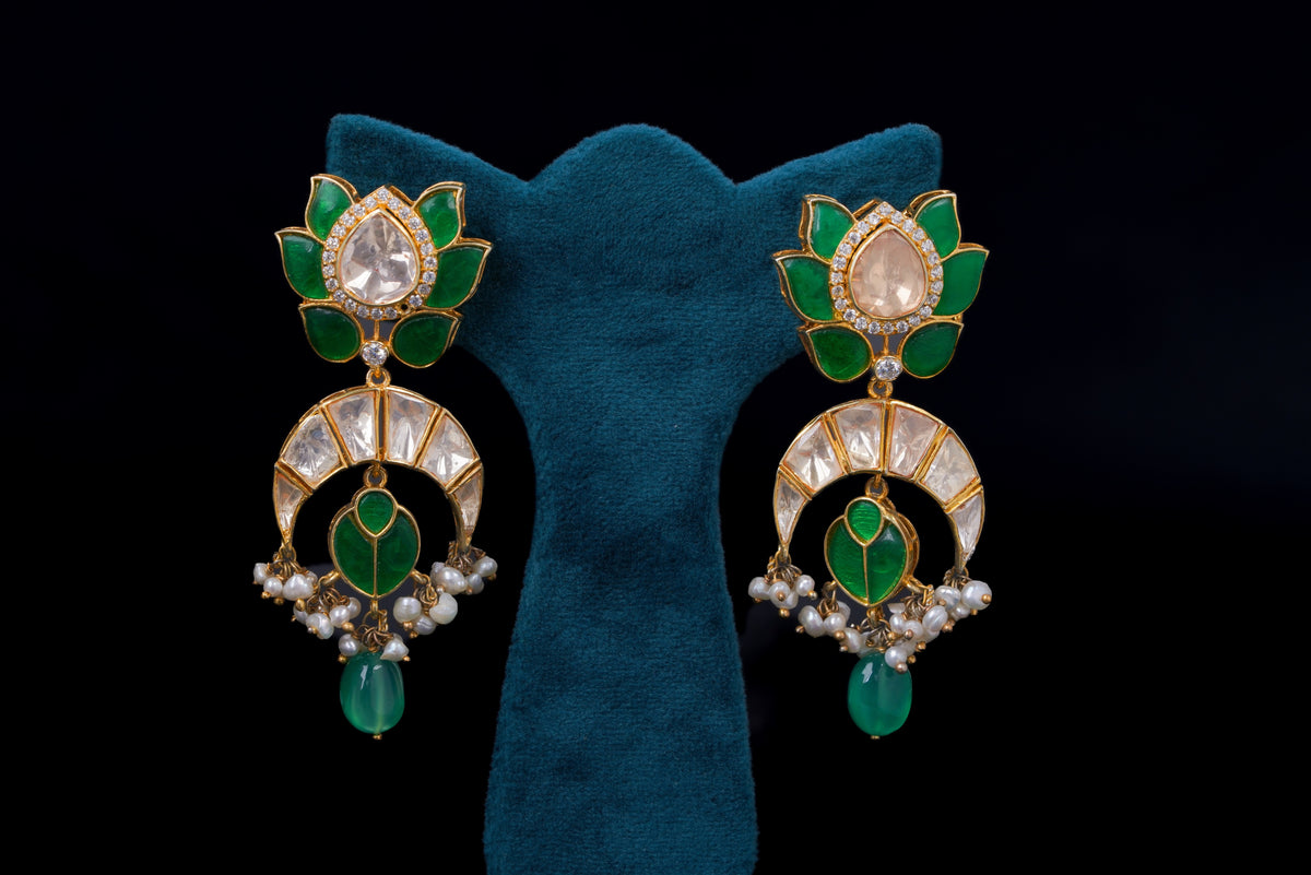 Emerald Polki Lotus Drop Earrings