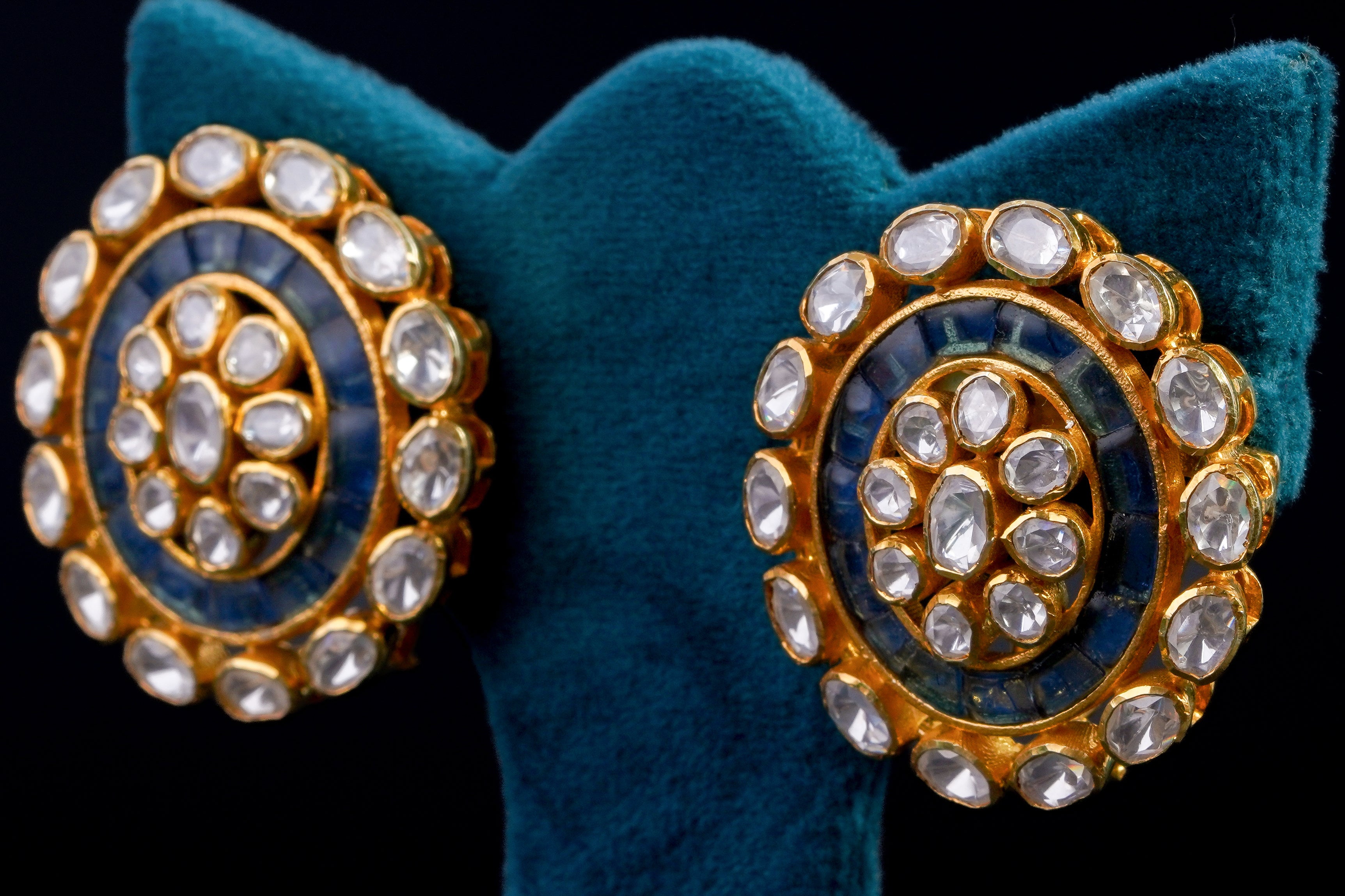 Blue Enamel Polki Diamond Circular Stud Earrings