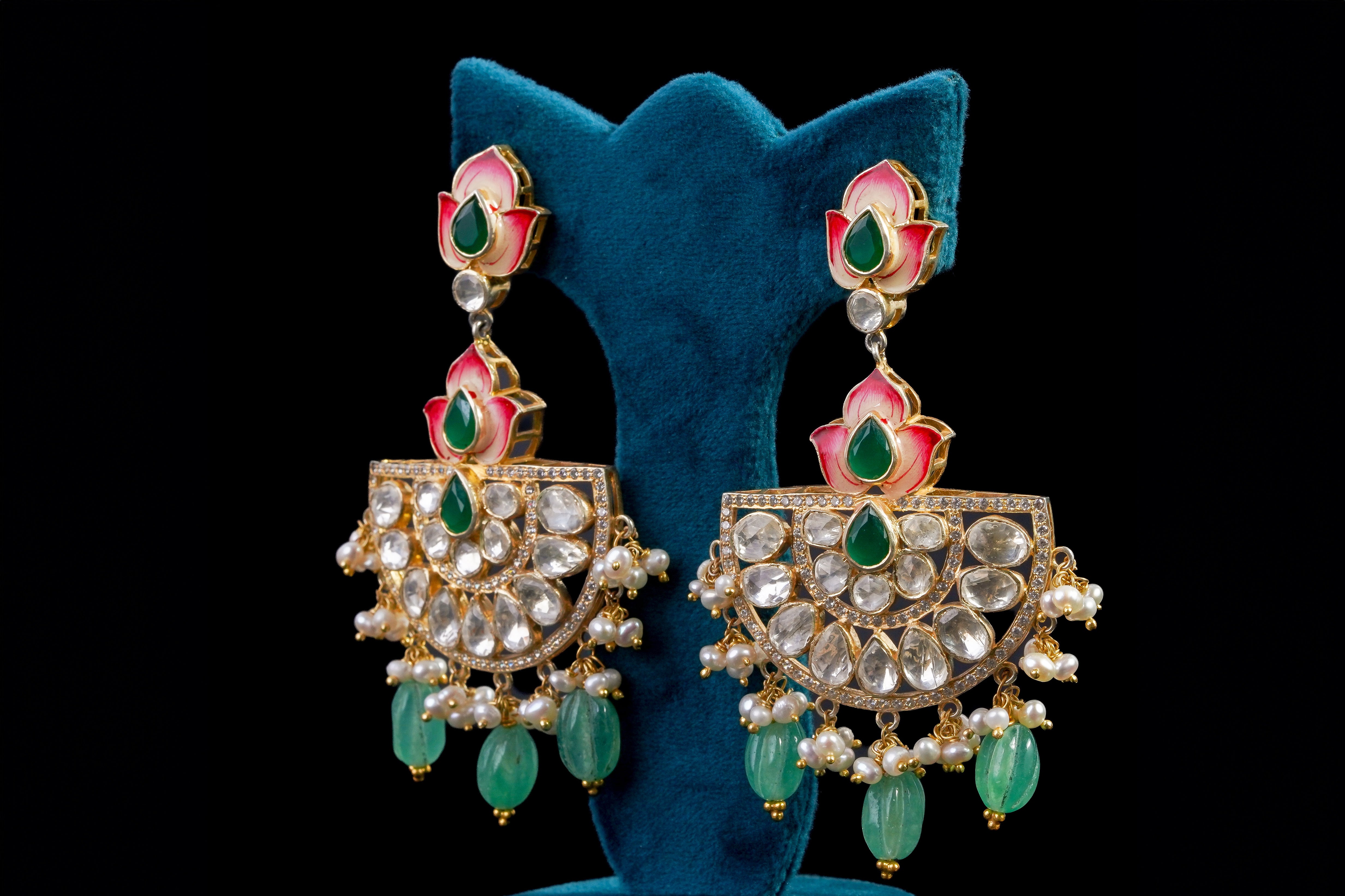Lotus Enamel Polki Diamond Drop Earrings