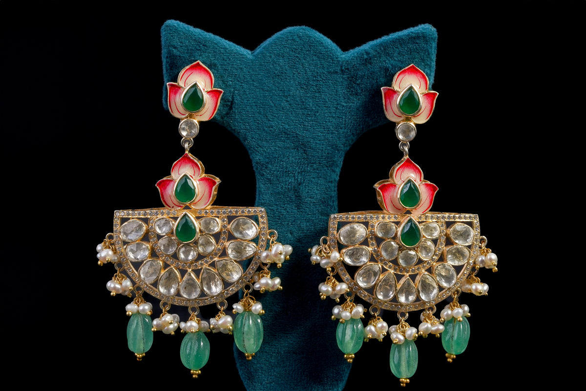 Lotus Enamel Polki Diamond Drop Earrings