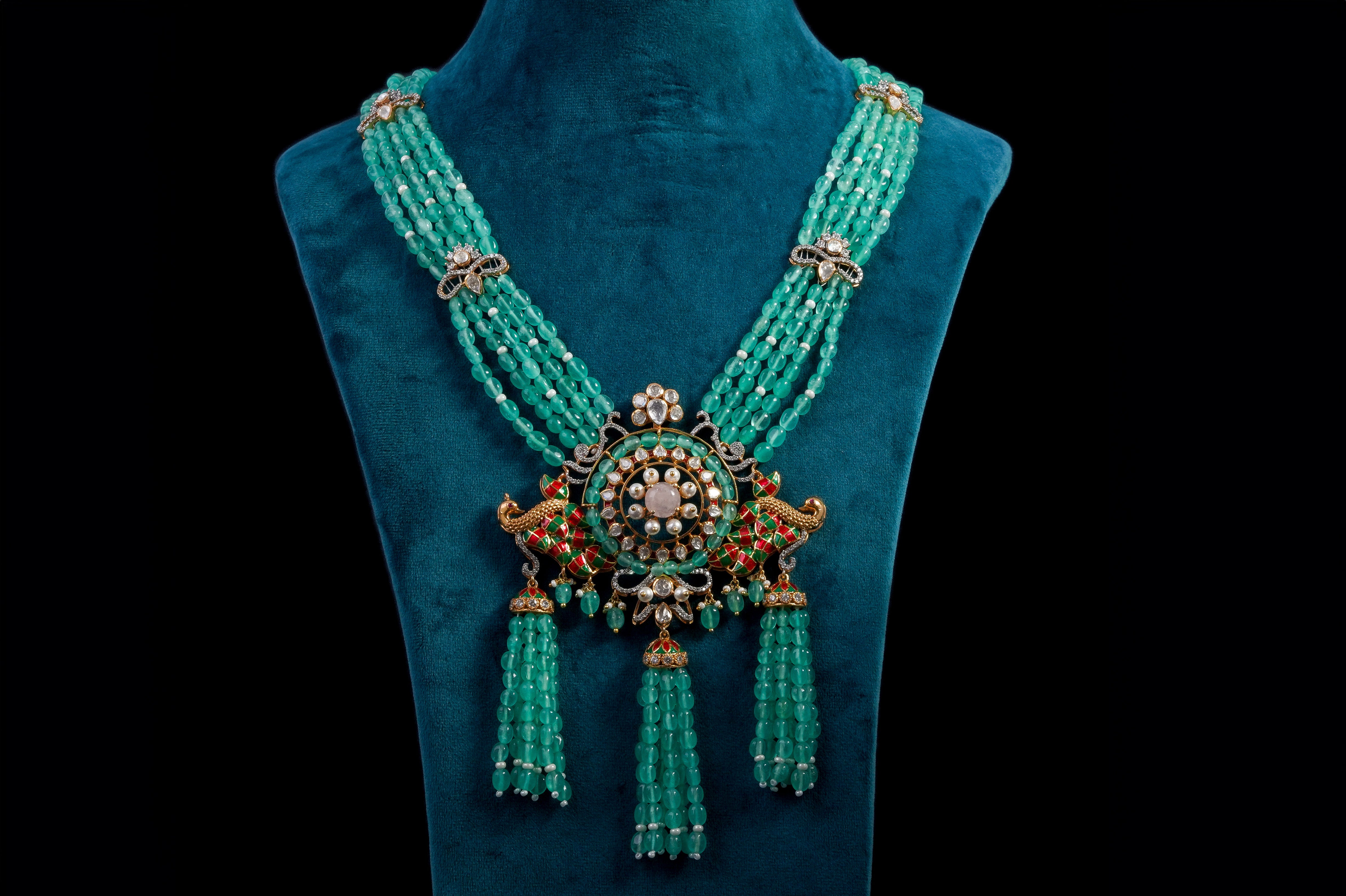 Emerald Beaded Peacock Pendant Necklace Set