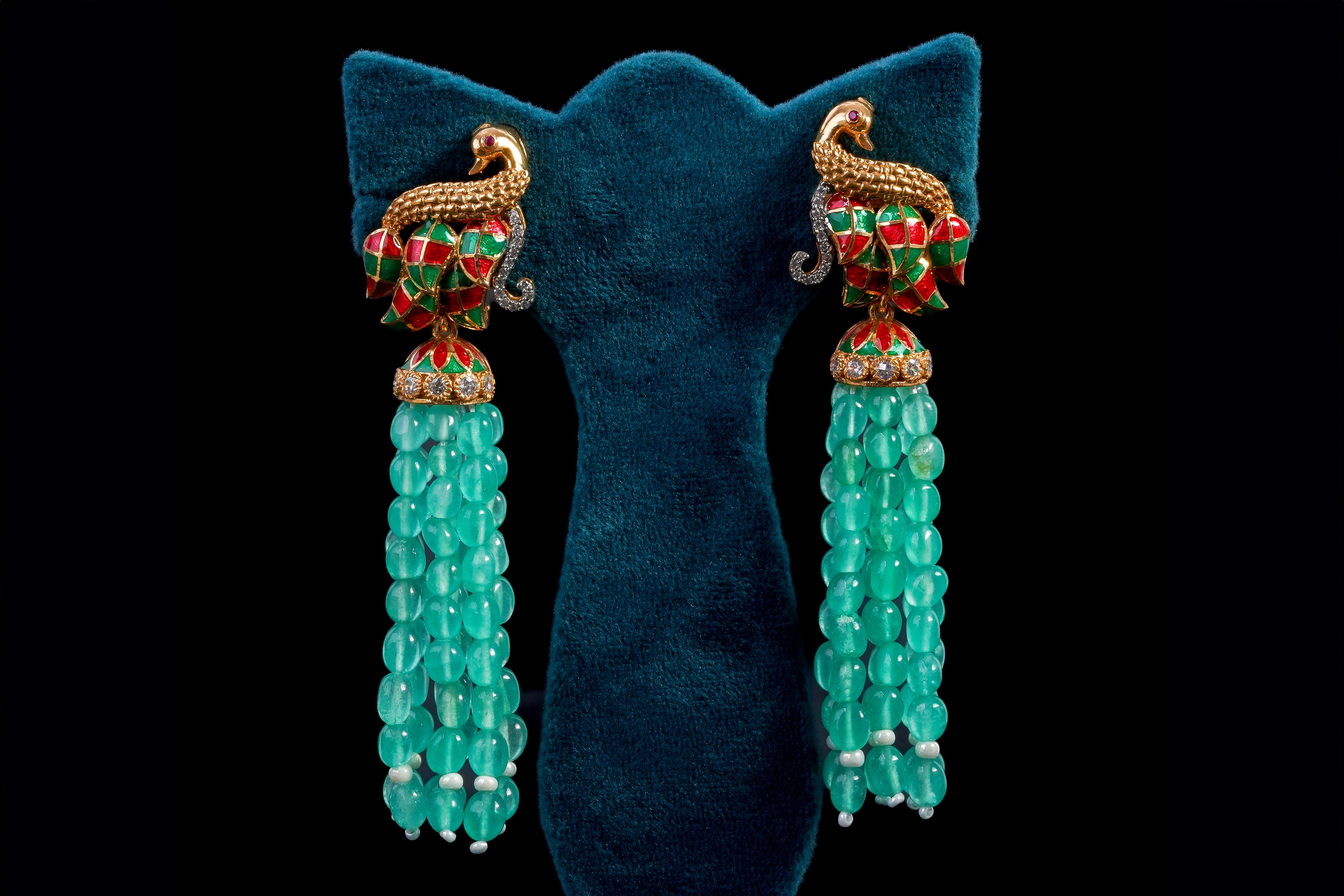 Emerald Beaded Peacock Pendant Necklace Set
