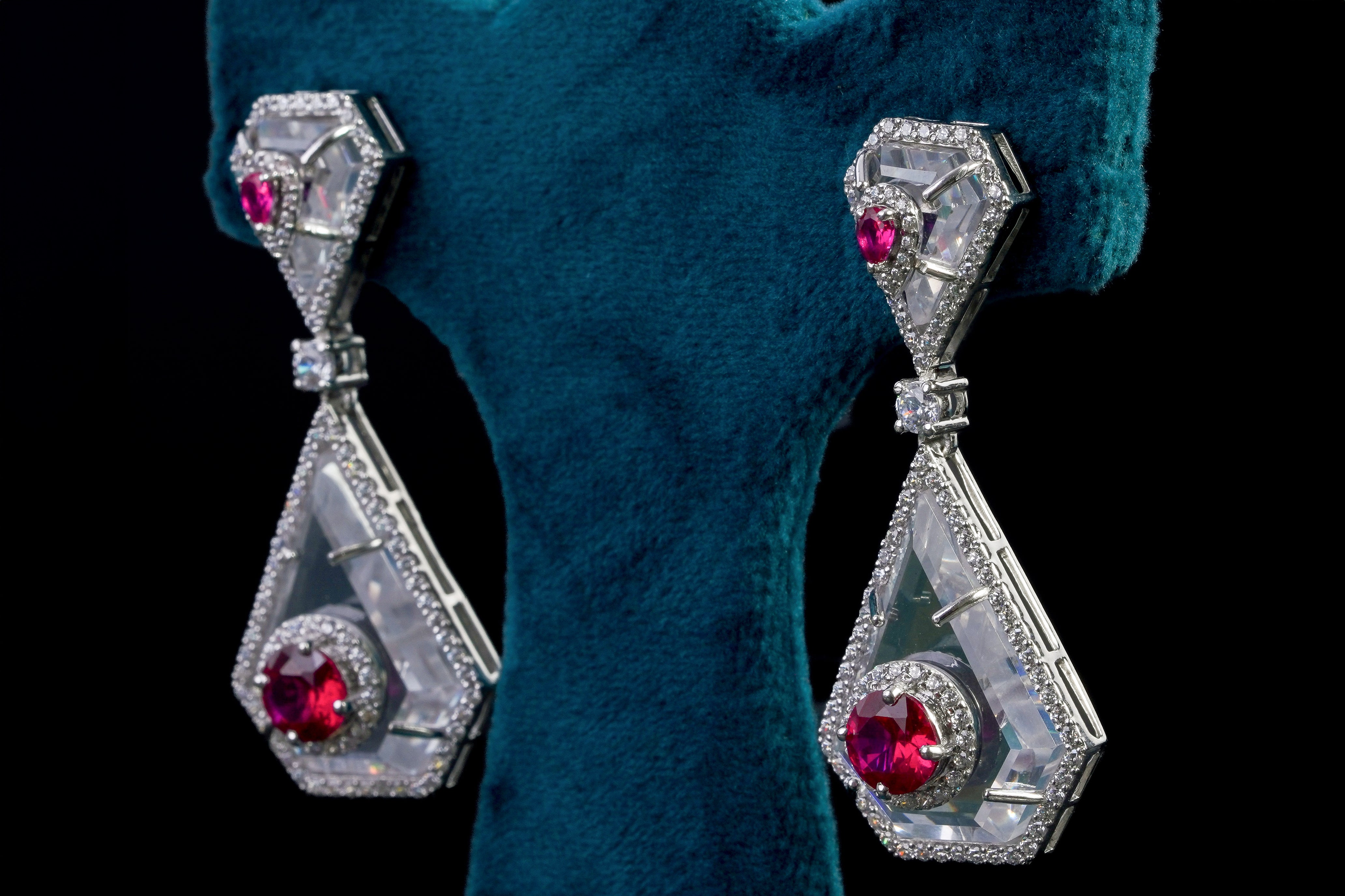 Ruby & Diamond Geometric Drop Earrings
