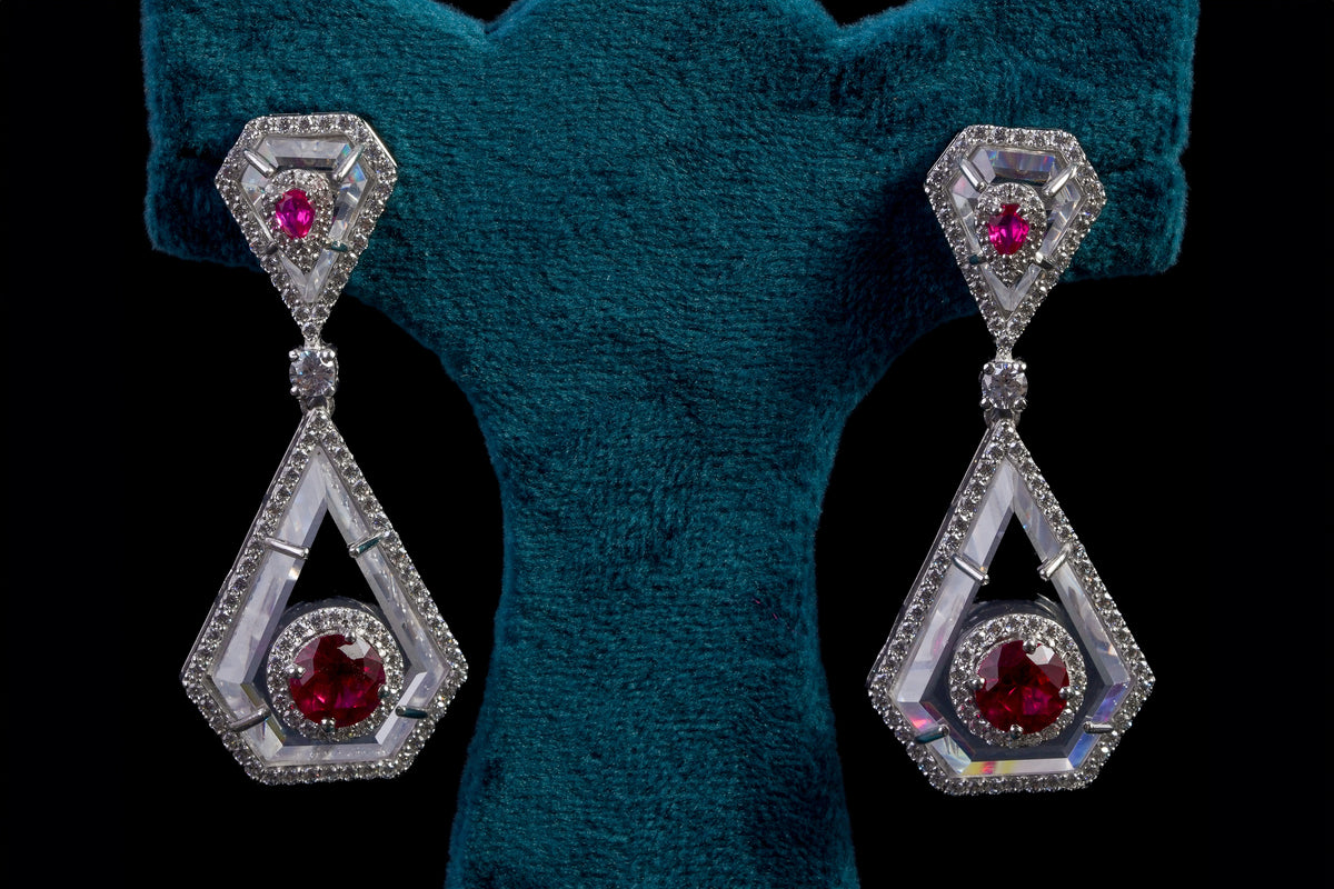 Ruby & Diamond Geometric Drop Earrings