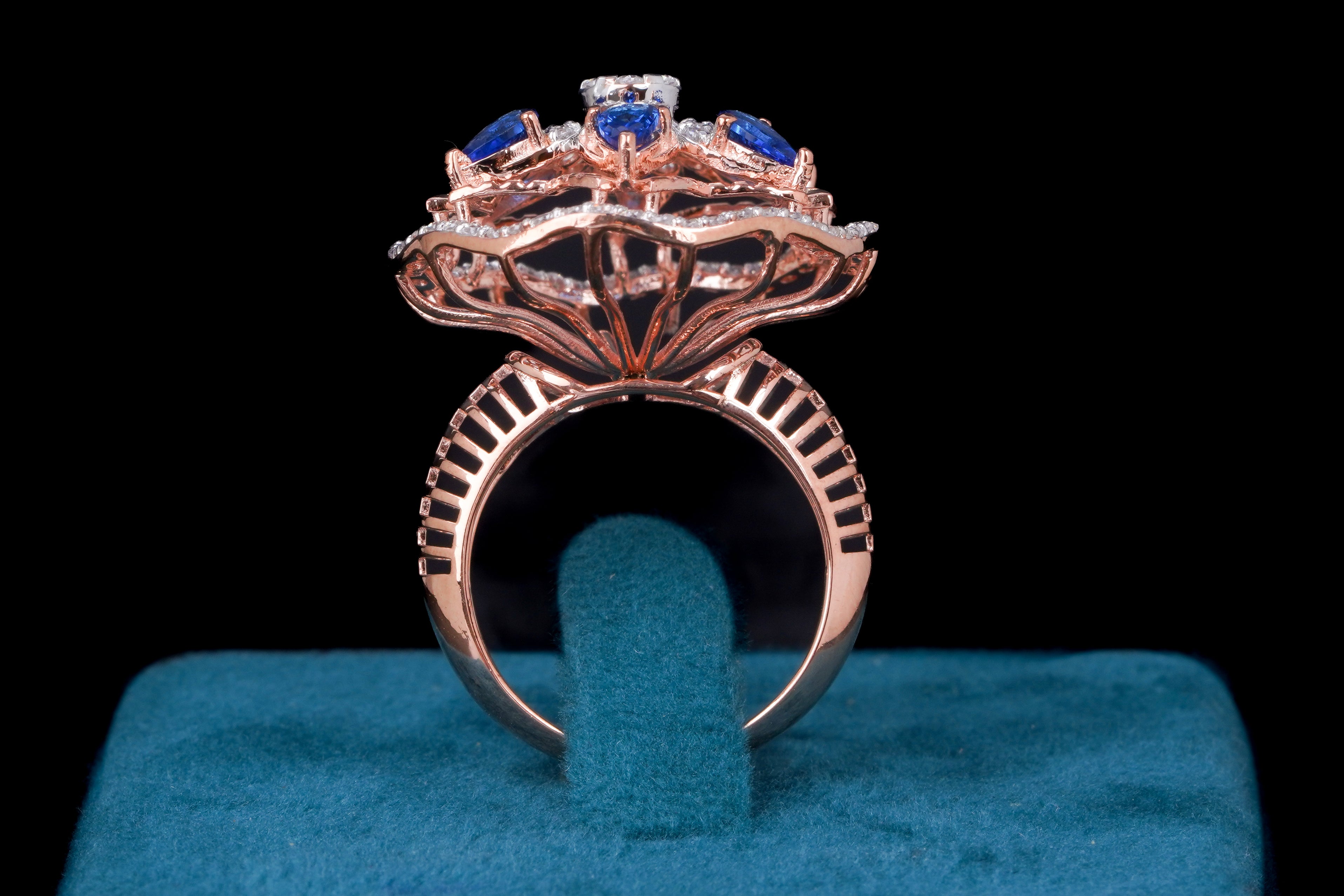 Blue Sapphire & Diamond Floral Halo Ring