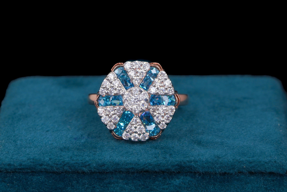Diamond Floral Cluster Ring with Blue Sapphire Accents