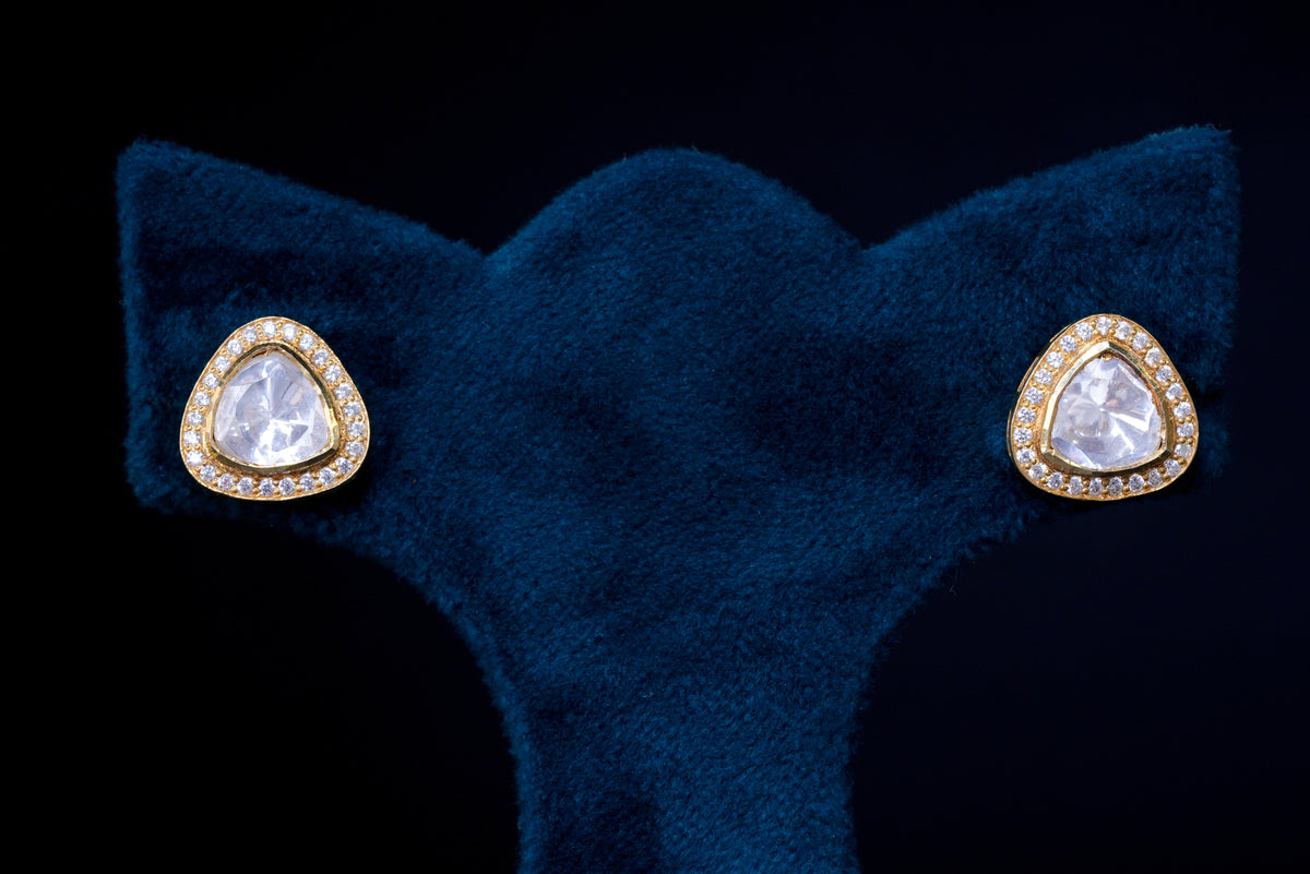 Trillion Polki Stone Silver Stud Earrings